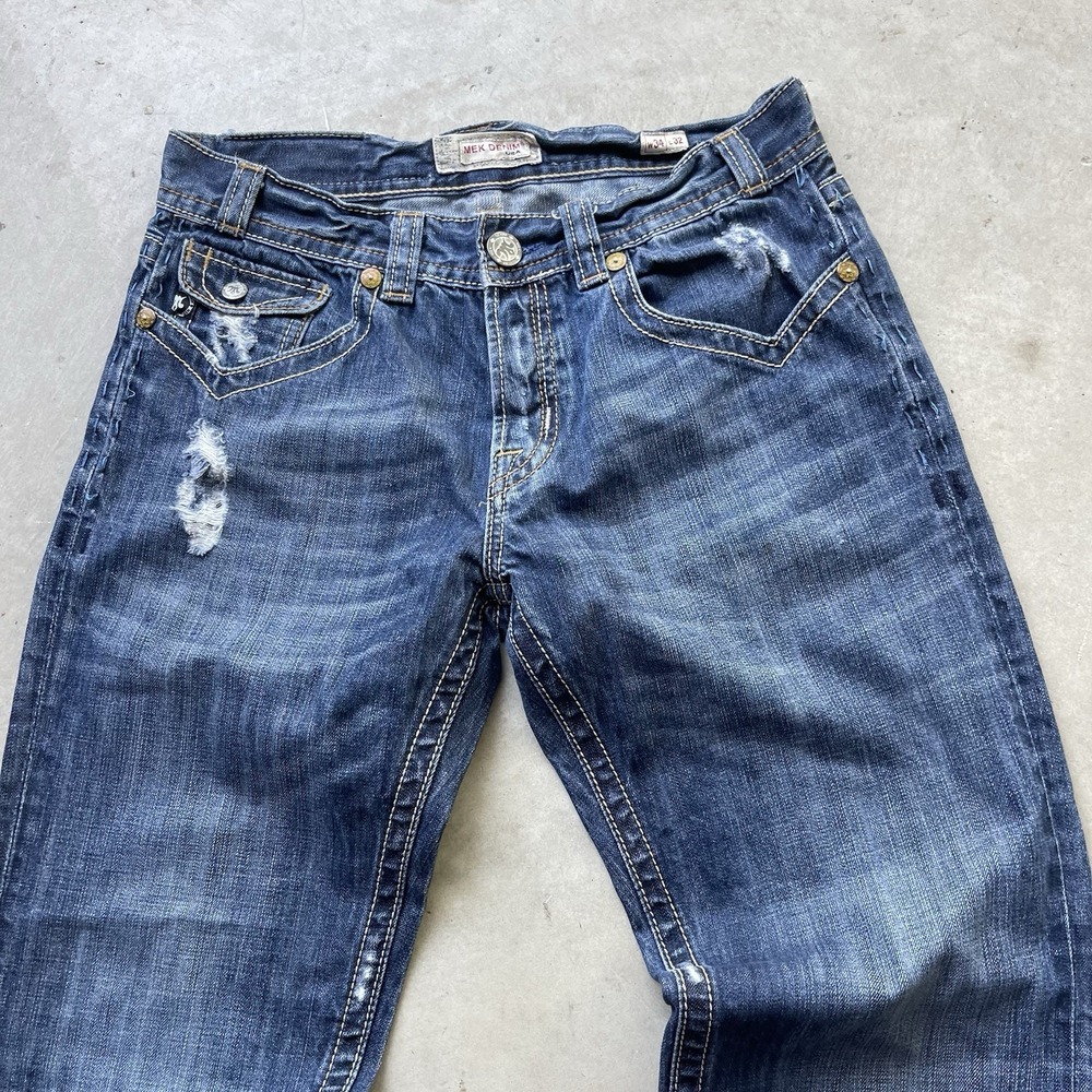 MEK Denim Jeans Mens 34x32 Blue Minsk Boot Cut Distressed Faded Skater Pockets - Picture 2 of 8